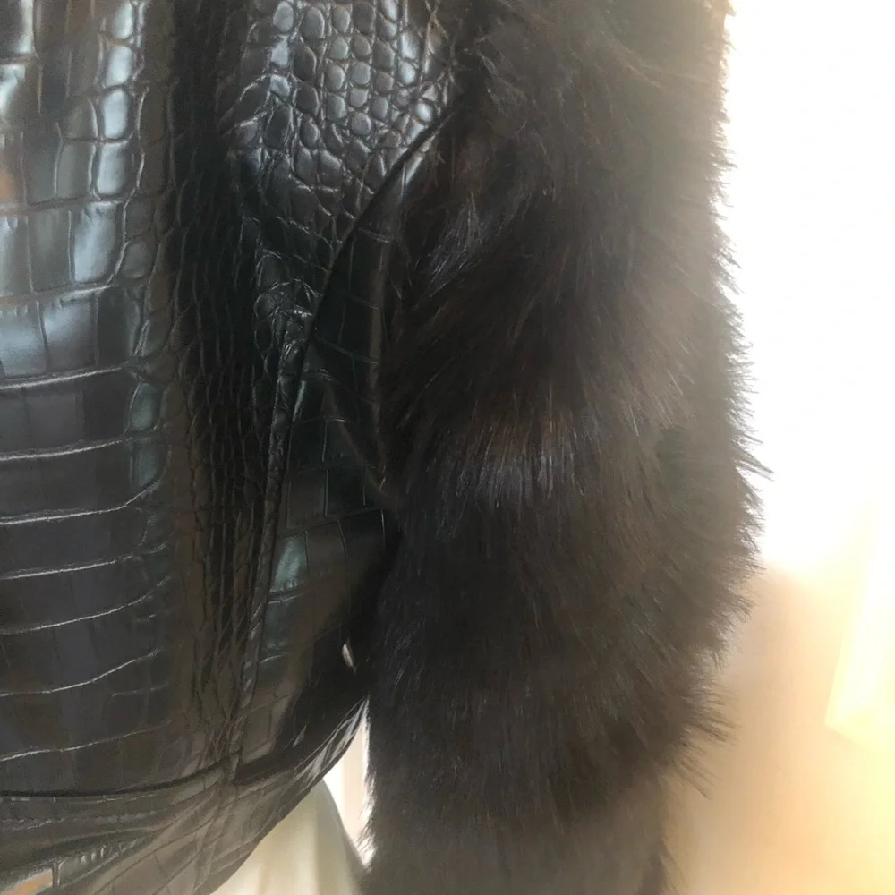 Black Croc-Embossed Faux Leather Moto Jacket with Faux Fur Sleeves